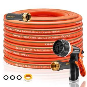 FXFOUCS Heavy Duty Garden Hose – 5/ 8 Inch Flexible, Lightweight Hybrid Hose with 600 PSI Burst Pressure, Swivel Handle, and Durable Copper Male/ Female Fittings (Orange with hose sprayer, 75FT)