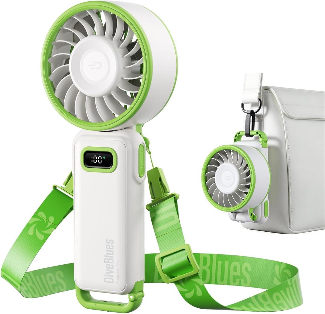 Diveblues Portable Turbo Fan, 7.4m/s High Speed Handheld Fan, 180 Foldable 4-in-1 Personal Neck Fan with Carabiner Clip, 100 Speed Stepless Control, USB-C Rechargeable for Travel, Makeup Hot Flashes