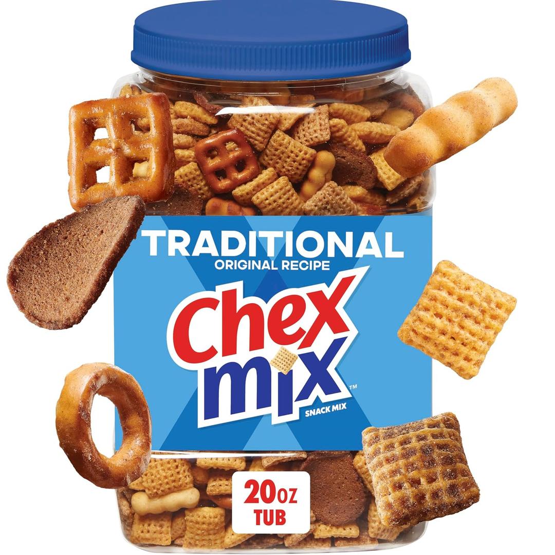 Traditional Chex Mix, Original Recipe, Resealable Tub, 20 oz | Corn & Wheat Chex, Rye Chips, Squiggle Breadsticks, Pretzels, 50% Less Fat than Regular Potato Chips (EXP 04/24/27)