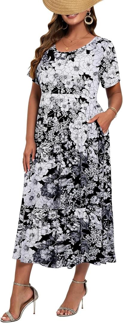 LARACE Plus Size Dresses for Women Summer Casual Short Sleeve Long Dress Flowy Maxi Beach Dresses with Pockets (XXXL)