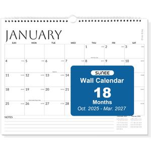 SUNEE Wall Calendar 2026 18 Months Oct. 2025 - Mar. 2027, 14.5"x11.5" Big Grid Hanging Calendar with Note for Organizing & Planning, Monthly Calendar 2025-2026 with Last Month and Next Month, White