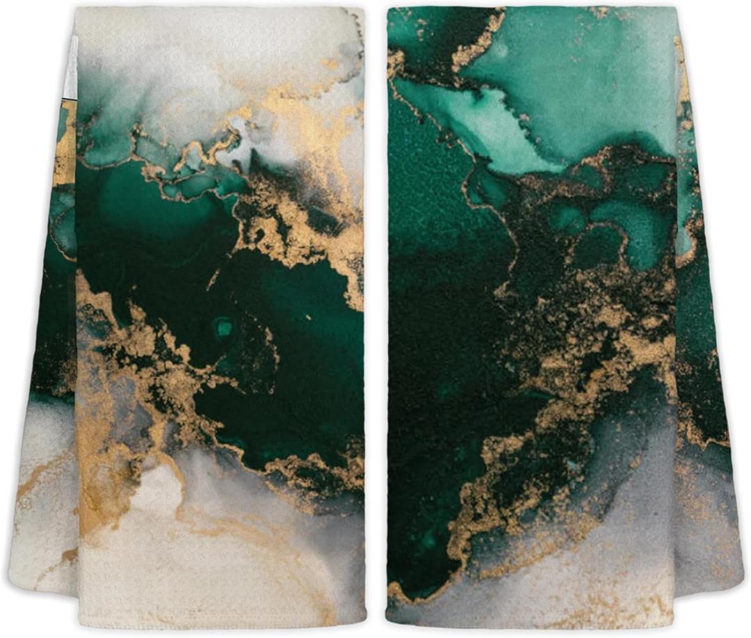 Green and Gold Kitchen Towels Set of 2, 16x24 in, Cotton/Linen, Multi-Purpose, Absorbent, Quick-Drying, Thoughtful Gift Idea