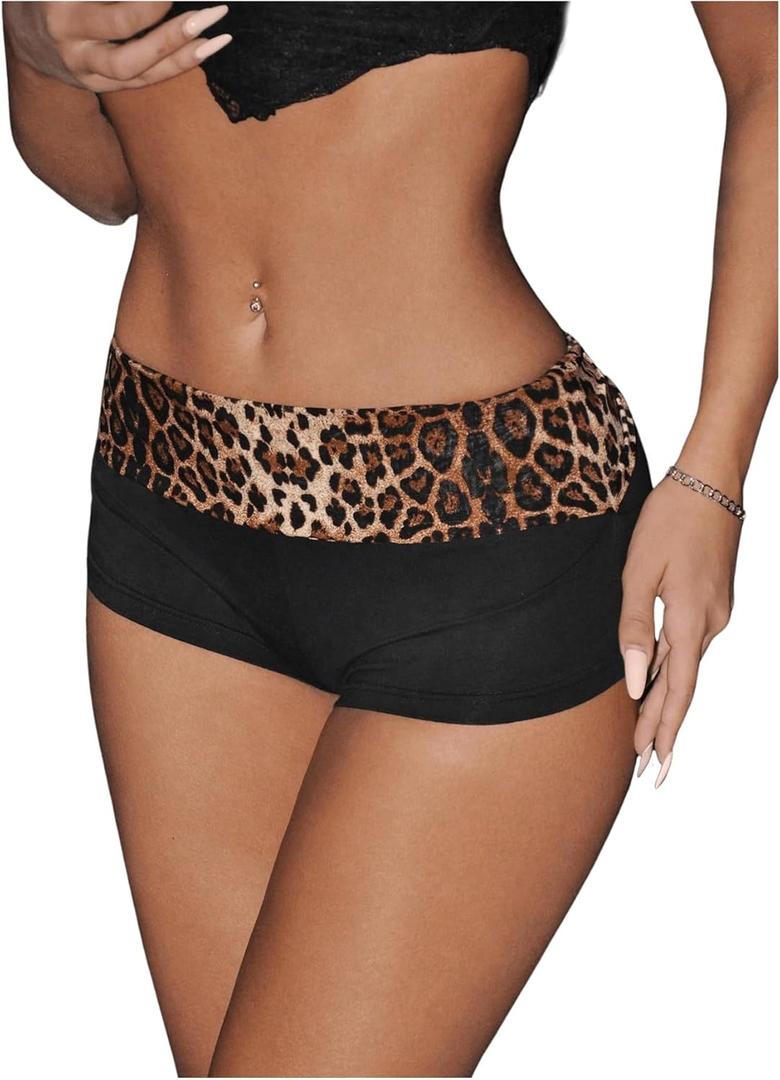 SweatyRocks Women's Leopard Print Mini Shorts Color Block Drop Waist Y2K Streetwear Shorts (Medium, Black)