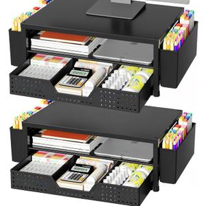 OPNICE Desk Organizer and Accessories, 2-Tier Computer Monitor Stand Riser with Drawer and 2 Pen Holders, Laptop Stand, Office Desk Accessories for Office Supplies, Black 2-Pack