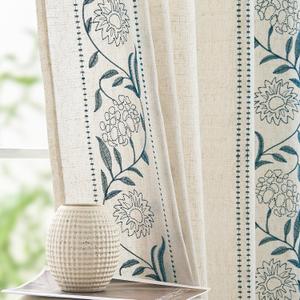 jinchan Linen Curtains for Bedroom 50"W X 90" L Linen Blended Embroidered Floral Curtains for Living Room Farmhouse Decor Light Filtering Window Treatments Blue on Beige Drapes 2 Panels