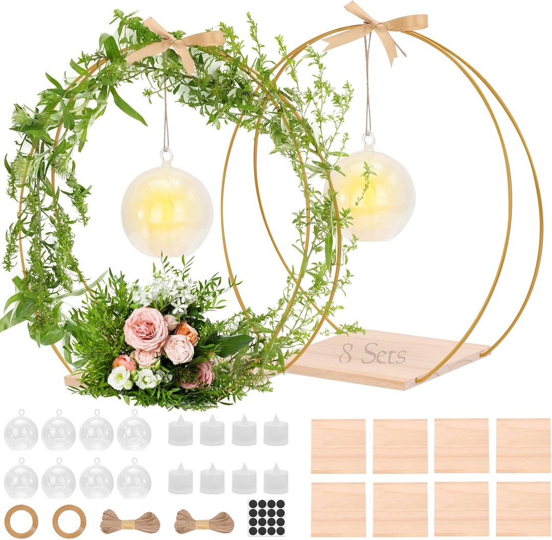 cenoz 8 Pack 12Inch Double Floral Hoop Centerpiece for Tables, Hoop Centerpiece Kit with Candle Light & Clear Acrylic Base, Metal Wreath Ring for DIY Table Wedding Decorations(Flower Not Included)