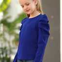 GORLYA Girl's Puff Sleeve Casual Solid T-Shirt Pullover Keyhole Back Blouse Tops for 4-14T Kids (Blue-long Sleeve)