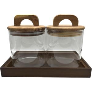 Glass Storage Jars with Airtight Brown Acacia Wooden Lid 23oz 2Pack with Vanity Tray,Kitchen Canisters for Foods with Wood Handle,Containers for Bathroom Decor