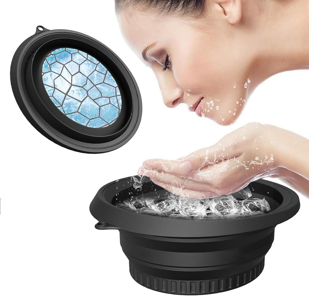 Large Silicone Bowl for Face Ice Bath with Built-In Icetray, Foldable and Hanging Design for Easy Storage and Carrying, Dipping Face Ice Bath at Home and Travel (Black)