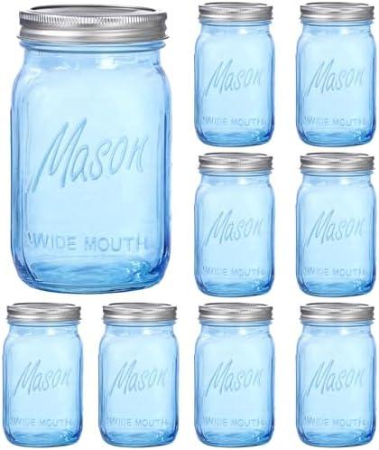 WELLIFE Wide Mouth Mason Jars, 9 Pack Blue Mason Jars 32 OZ, Mason Jar for Decor Canning & DIY Crafts, Food Storage, Fermenting, Pickling, Meal Prep