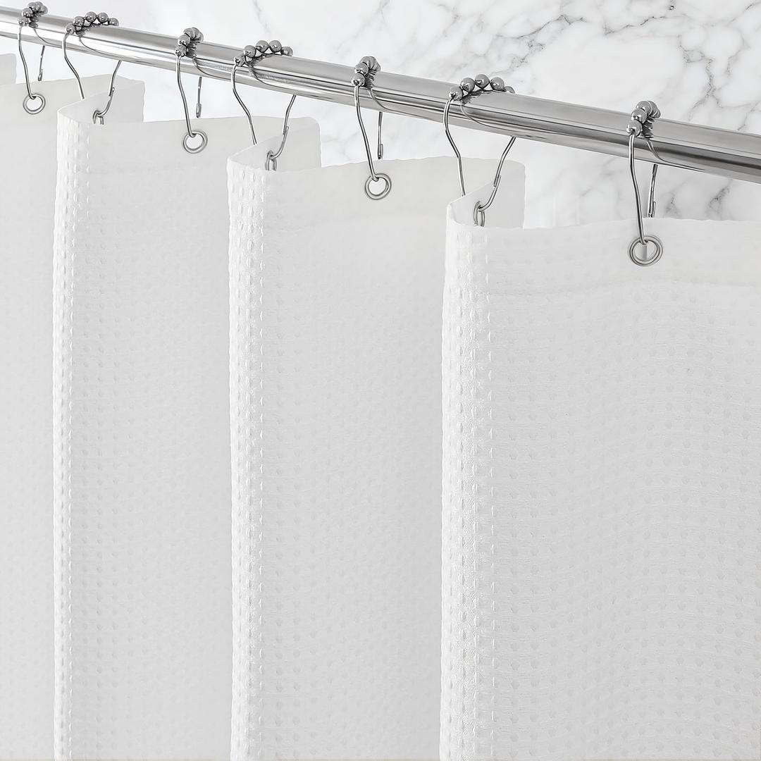 Zemyovia White Waterproof Waffle Shower Curtain, 260GSM Heavy Duty Fabric with 12 Stainless Steel Hooks, Luxury Hotel Spa Style for Bathroom, Machine Washable, 72 x 72