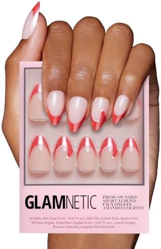 Glamnetic Press On Nails – Mrs. Claus | Short Almond Fake Nails Semi-Transparent Red French Tip Santa Hat Design, Glazed Finish, Salon Quality Holiday Nails | 15 Sizes, 30 Nail Kit