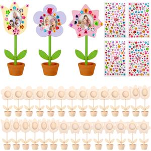 28 Sets Mother's Day Crafts Wood Flowers Photo Holders, DIY Paintable Wooden Flower Picture Frames, Spring Flower Pot Unfinished Wood Ornament with Gems Stickers for Painting Mothers Day Birthday Gift