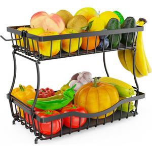 Large 2 Tier Fruit Basket for Kitchen Counter with 2 Banana Hangers, Metal Fruit Bowl with Protection Mats for Vegetable Bread Snack, Countertop Organizer  Black, 14.5" W x 9.5" D