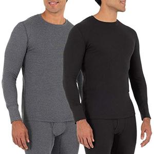 Fruit of the Loom Men's 2-Pack Recycled Waffle Thermal Underwear Crew Top, Black/Greystone Heather, Medium