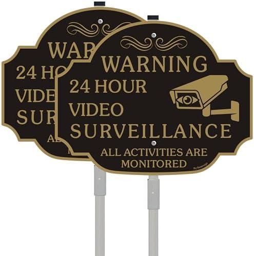 No Trespassing - This Property Has Video Surveillance Sign（2 Pack）,11" X 8" X 0.04" Metal Sign & 28" Metal Stakes,-Reflective Aluminum,Fade Resistant and Weather Resistant.
