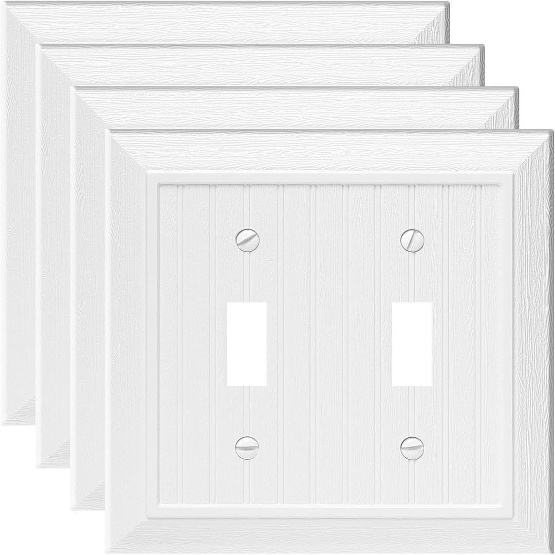 Modern Decorative Wall Plate Switch Plate Outlet Cover, Vintage Retro Wood Grain Design(Double Duplex-4 Pack, White)