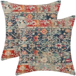 Boho Pillow Covers 18x18 Set of 2, Carpet Rug Design Decorative Navy Blue Red Boho Throw Pillows Linen Farmhouse Bohemian Cushion Pillow Covers for Sofa Couch Outdoor Decor