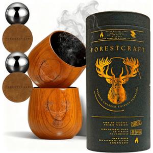 Charred Wooden Whiskey Glass Gift Set of 2  Hand-Fired Jujube Charred Wooden Bourbon Drinking Glass with Stainless Steel Balls & Coasters  No Varnish, Premium Bourbon Barware for Bold Flavor.