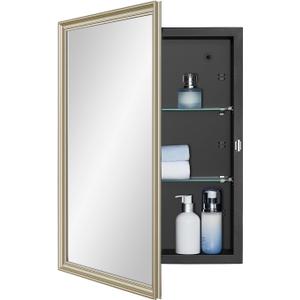 IDYLLOR Black Medicine Cabinet with 16x22 Inch Gold Frame Mirrored Door, Wall Mounted Storage, Recessed or Surface Mount, 2 Adjustable Glass Shelves, Vanity Organizer for Bathroom, Bedroom, Hallway, 16x22 inch Framed Mirrored Door