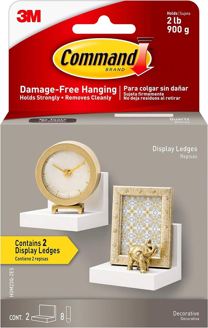 Command Display Ledges, Holds up to 2 lb, Quartz, 2 Ledges with 8 Medium Command Strips, Damage Free Hanging Floating Shelf with Adhesive Strips, Personalize Living Room, Bedroom, Kids Room or Office