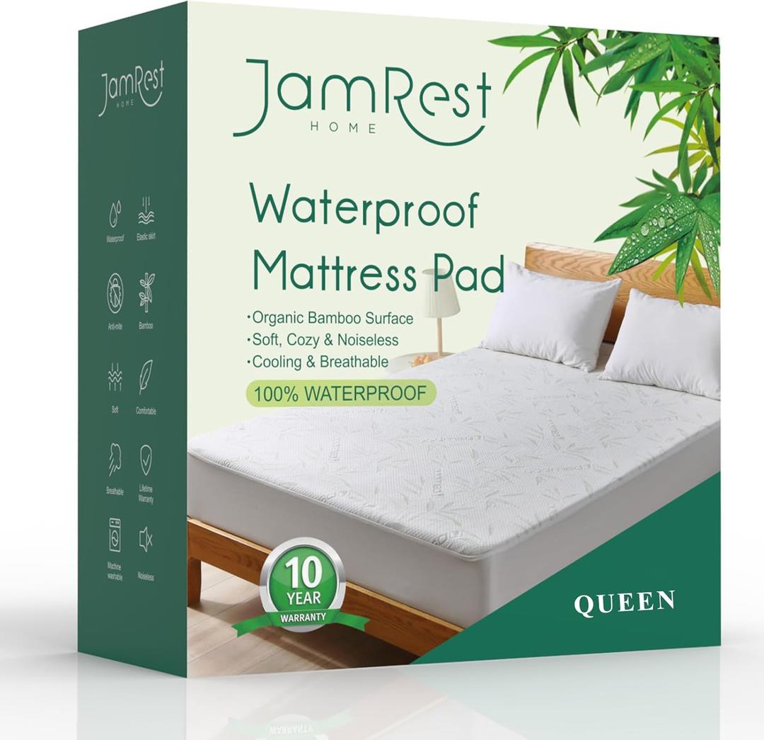 Waterproof Mattress Protector Queen Size, Viscose Cooling Breathable Mattress Cover, Fitted Deep Pocket Mattress Pad Cover Stretches up to 22 Inches, Noiseless Soft Bed Cover