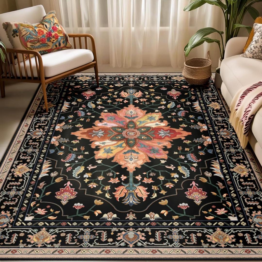 Area Rugs 5'x7' Washable Non-Slip, Floral Vintage Distress Print Pattern Medallion Carpet for Living Room Bedroom Dining Room, Black Colorful Floral Dark Tan