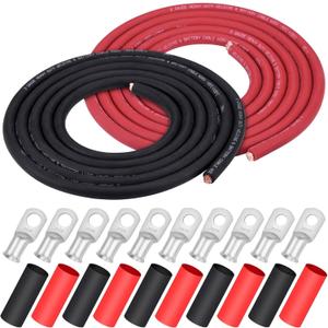 iGreely 2 AWG Gauge Wire 10 Feet Black + 10 Feet Red Welding Battery Pure Copper Ultra Flexible Cable + 5pcs of 5/16" & 5pcs 3/8" Copper Cable Lugs Terminal Connectors+Heat Shrink Tubing