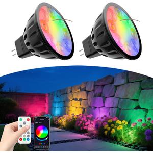 Upgraded Bluetooth MR16 RGBW Smart Bulb, 12V RGB MR16 LED Bulb Color Changing, CCT Tunable 2700K to 6500K, Dimmable with Remote and App Control for Outdoor Low Voltage Landscape Lights 2PCS