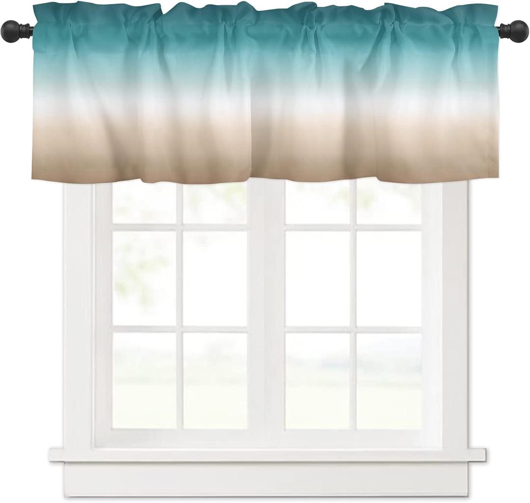 Teal Khaki Ombre Valances Window Treatment Farmhouse Decor, Modern Abstract Art Turquoise Gradient Rod Pocket Valance Curtains for Living Room, Bedroom, Kitchen, 54" W x 18" L - 1 Panel