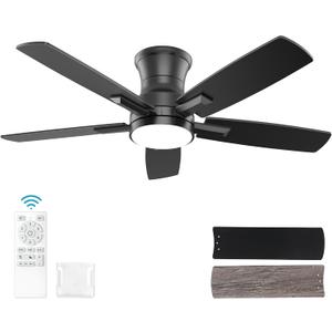 YUHAO 42 Inch Flush Mount Black Ceiling Fan with Light and Remote Control.Noiseless,Dimmable,3CCT,6 Speeds Reversible, Low Profile DC Ceiling Fans for Indoor Use