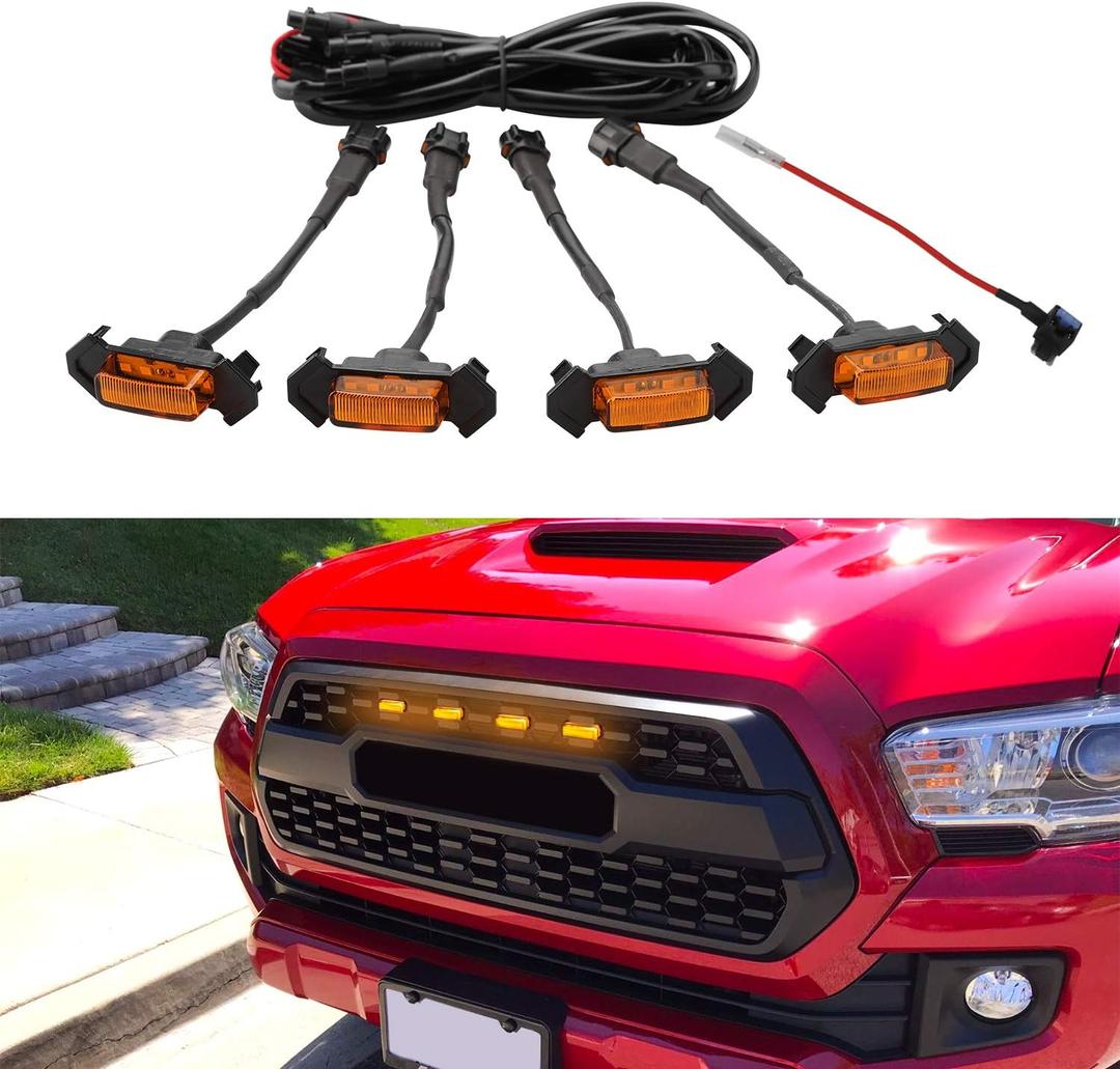 Seven Sparta 4 PCS Grill Led Lights with Fuse Adaptor Compatible with 2016-2023 Toyota Tacoma TRD Pro OEM Front Grille (Amber Light with Amber Shell)