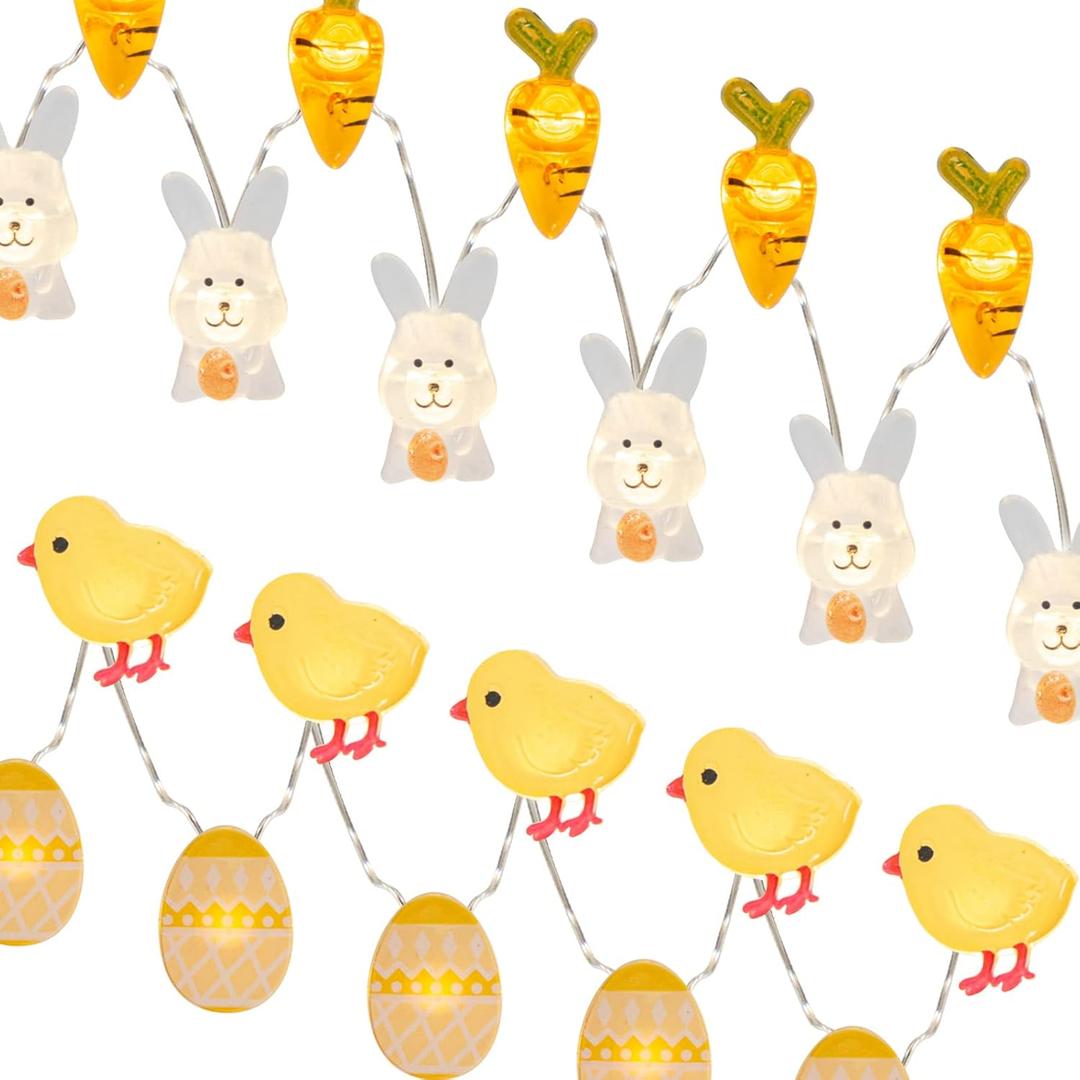 EAMBRITE Set of 2 Easter Lights for Easter Decorations 10Ft 60 LED Easter Fairy Lights Eggs Chick & Carrot Bunny String Lights Battery Operated Set with Timer for Spring Indoor Decor Home Party Tree
