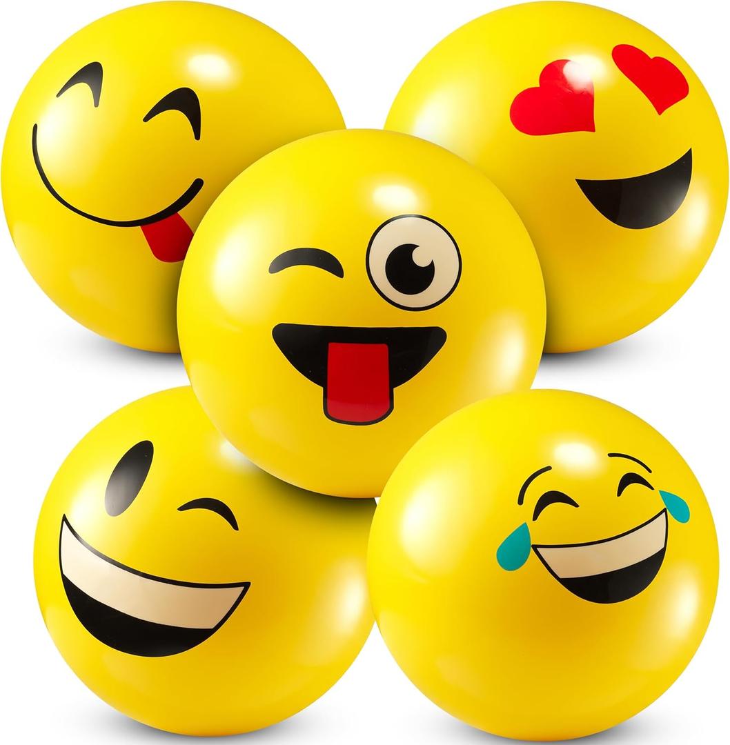 5-Inch Happy Face Bouncing Balls for Kids & Toddlers (Pack of 5) - Playground Balls w/ 5 Fun Designs - Lightweight Play Bouncy Ball Gifts for Boys & Girls