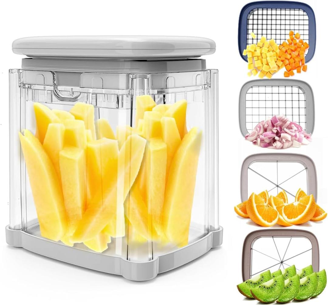 French Fry Cutter 4-in-1  Potato Cutter for Fries, Onion Dicer, Food Chopper & Apple Slicer  Manual Hand Vegetable Cutter with 4 Blades