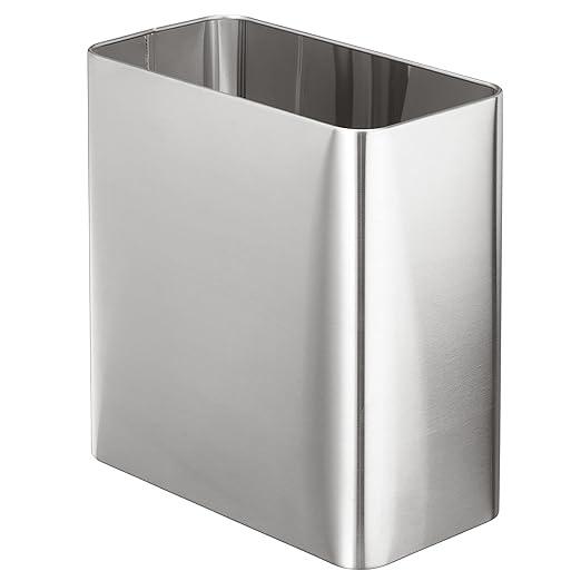 mDesign Stainless Steel Slim Rectangular Modern Metal 2.6 Gallon/10 Liter Trash Can Wastebasket, Garbage Container Bin for Bathroom, Bedroom, Kitchen, Home Office; Holds Waste, Recycling  Chrome
