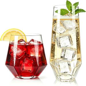Lueumxc 56 Pack Plastic Wine Glasses Disposable Diamond Champagne Flutes, 32 Pcs 9 OZ Stemless Champagne Flutes & 24 Pcs 12 OZ Disposable Wine Glasses, BPA-Free, Diamond transparent