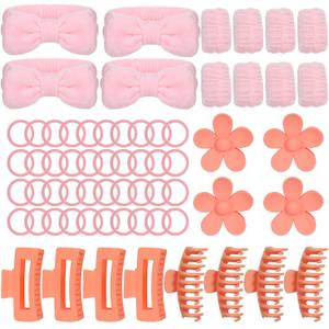 64 Pcs Spa Headband Set, Pink Skincare Headband & Wristband for Women and Girls, Non-Slip Spa Headbands with 4 Hairbands, 8 Wristbands, 12 Clips and 40 Ties, Self Care & Makeup Essentials