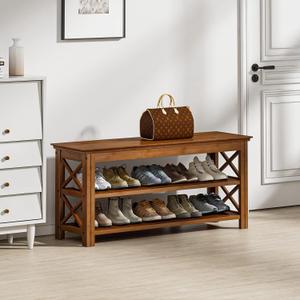 Bamworld Shoe Bench with Storage 3 Tier Bamboo Shoe Benche Entryway Rustic Solid Wood Entryway Bench (X-Brown,39.4")