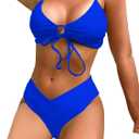 Sexybody Women's V Cut Bikini Sexy Tie Front Cutout High Cut Two Piece Swimsuit Bathing Suit (Medium, Royal Blue123)