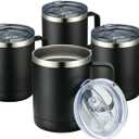 MEWAY 12oz Coffee Mug With Handle 4 Pack Bulk,Stainless Steel Insulated Travel Tumblers With Sliding Lid,Double Wall Vacuum Camping Cup for Hot & Cold Drinks Tea (Black,Set of 4)