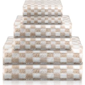 Kinlop 6 Pcs Checkered Bath Towels Set Lightweight Coral Washcloth Quick Dry Patterned Thin Coral Fleece Hand Towel for Bathroom Back to School Gym Spa Beach Accessory(Beige,Checkered)