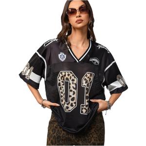RoseSeek Women's Y2k Football Jersey Shirts V Neck Mesh Oversized Tshirts (XL)