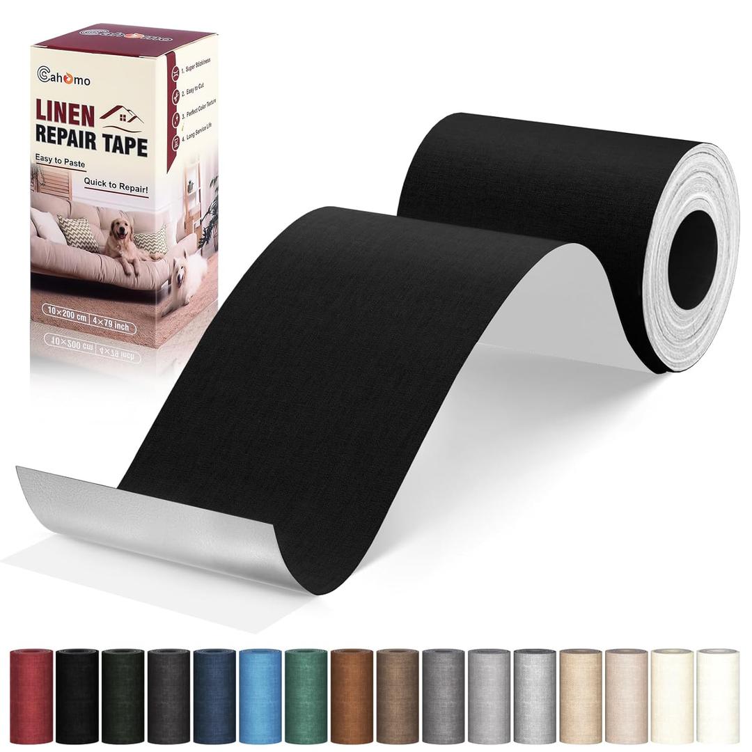 Cahomo Linen Repair Tape 4x79 inch, Self Adhesive Fabric Patches, Linen Patch Tape Kit, Fabric Repair Tape for Couch Sofas, Headboards, Chairs, Pillows, Curtains, Couches - Black