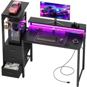 HLDIRECT 44 Inch Gaming Desk with Power Outlets & LED Lights, Black