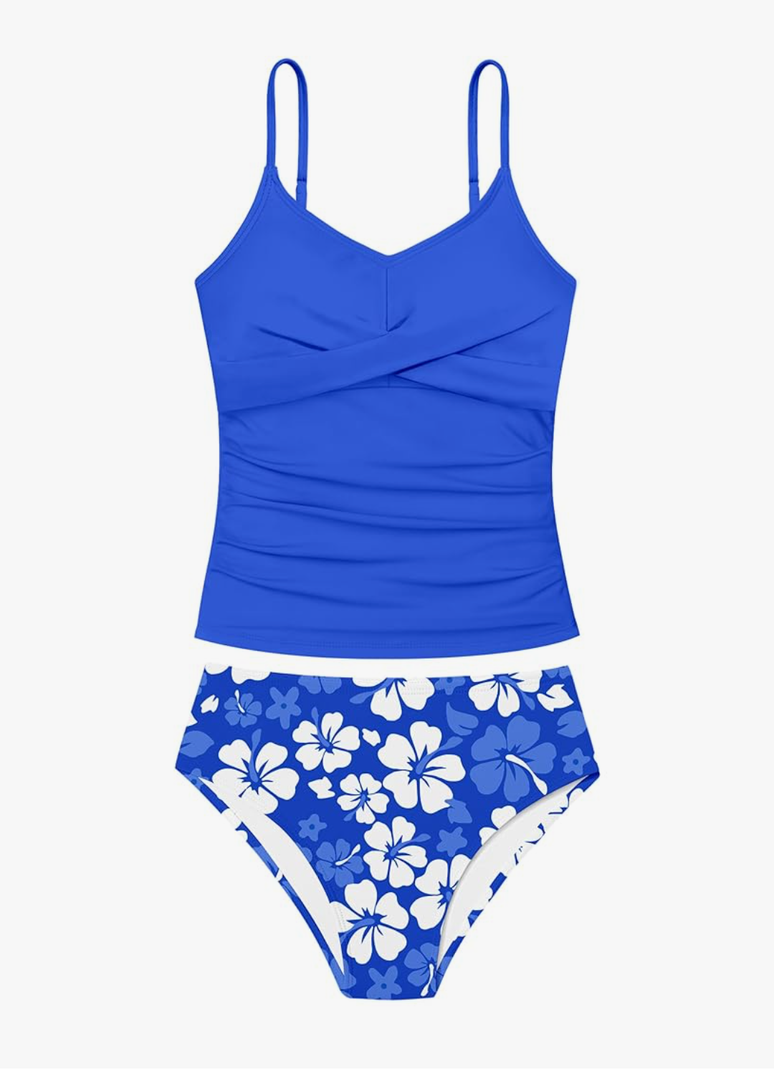 Girls Swimsuit 2 Piece Bathing Suit Criss Cross Ruched Girl Tankini Sets Printed Girls' Swimwear Blue for 15-16 Years