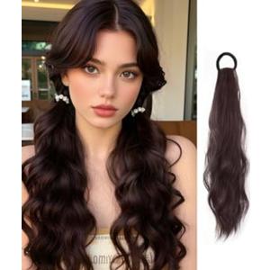 1PCS Curly Ponytail Extension with Elastic Tie 17 Inch Resistant Synthetic Natural Wavy Hairpiece Pony Tail Hair Extensions Wave Fake Ponytail Hairpieces for Women Daily Wear（Brown）