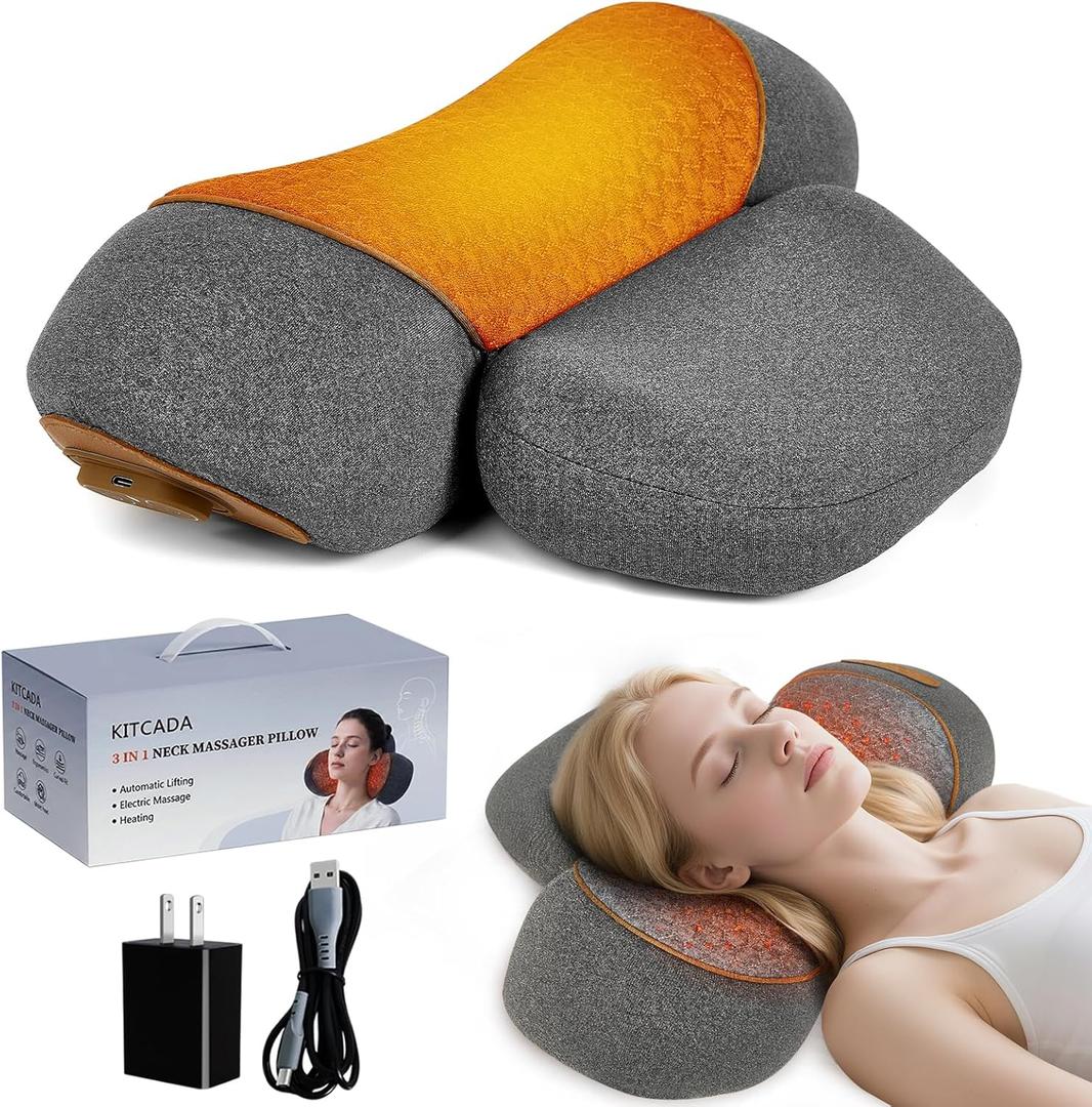 Neck Massager Pillow - 3-in-1 Neck Pillow with Battery, Travel Neck Massager Pillow for Shoulder Pain Relief, Deep Tissue Pain Relief with Heat and Stretching