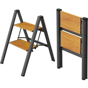WOA WOA 2 Step Ladder, Foldable Step Stool, Aluminum Lightweight Ladder for Home Kitchen Closet, Anti-Slip Pedals, Ease of Folding, Portable, 300lbs Capacity - Black&Wood Grain