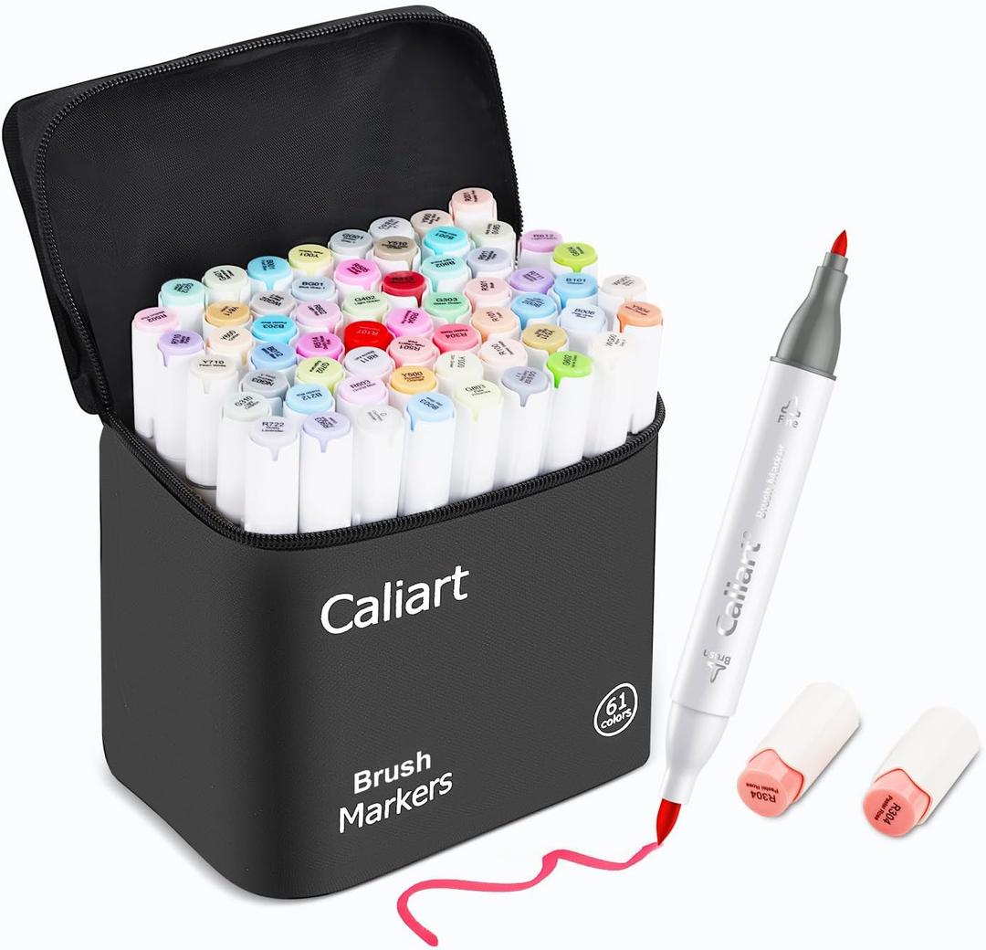 Caliart Alcohol Markers Brush Tip, 61 Colors Pastel Coloring Marker Set Dual Tip Fine & Brush, with Case Permanent Alcohol Based Colored Art Pens for Adult Coloring Books Artists Drawing Gifts